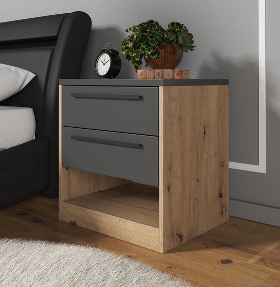 Oak & Grey 2-Drawer Bedside Table with black handles in modern bedroom