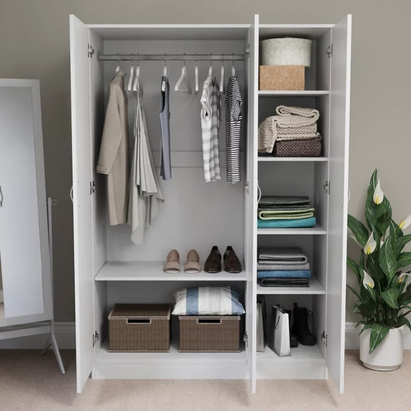 3 Door Wardrobe in White displayed in a contemporary bedroom setting