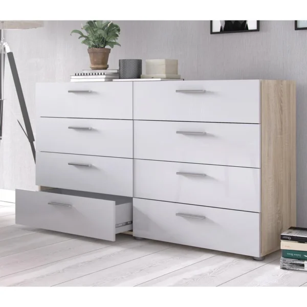 Wide Chest of 8 Drawers in Oak & White displayed in a modern bedroom