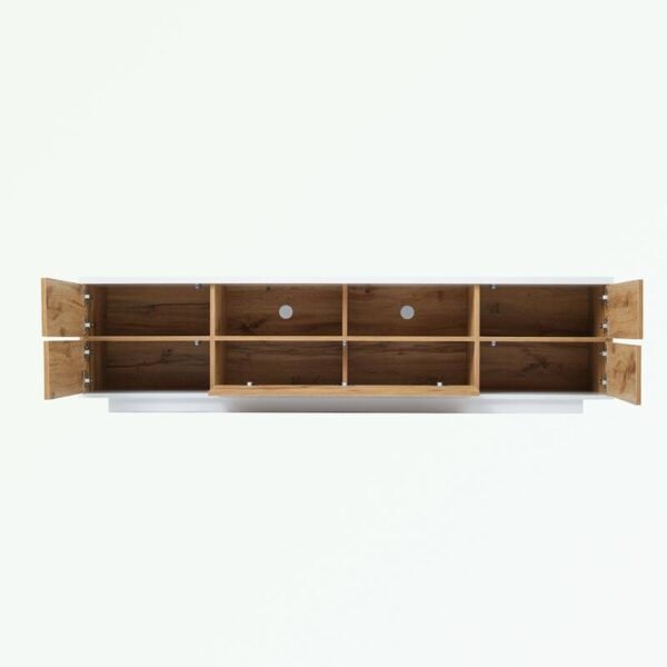 Close-up of storage compartments and doors in Medieval Oak finish