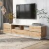 Modern TV Stand in Medieval Oak & White displaying a large TV and media components