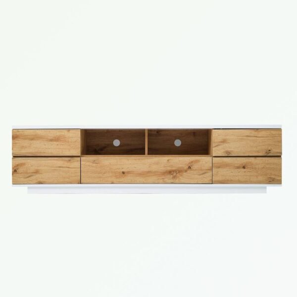 Close-up of storage compartments and doors in Medieval Oak finish