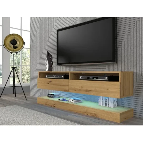 TV Duo 160cm Wall-Mounted TV Cabinet in Medieval Oak mounted in a stylish living room