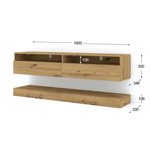 Close-up showing open shelves and flap-down compartments