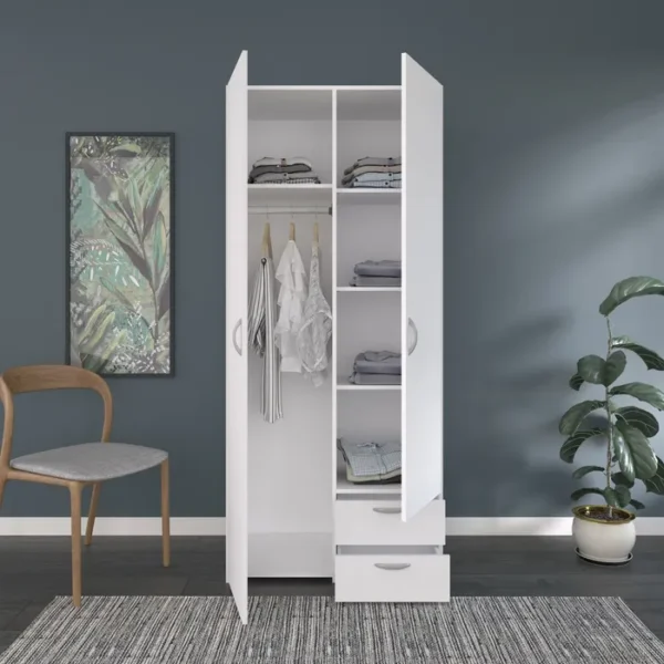 2-Door 2-Drawer White Wardrobe with hanging and shelf storage