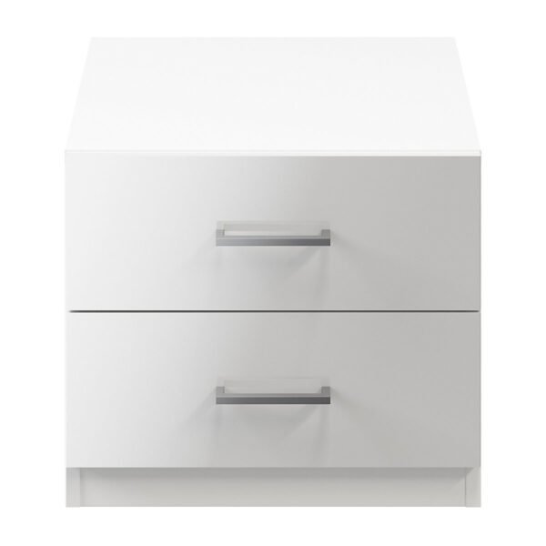 White 2-drawer bedside table in a modern bedroom