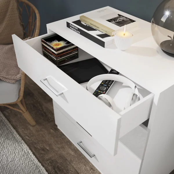 Close-up of drawer front with smooth white finish