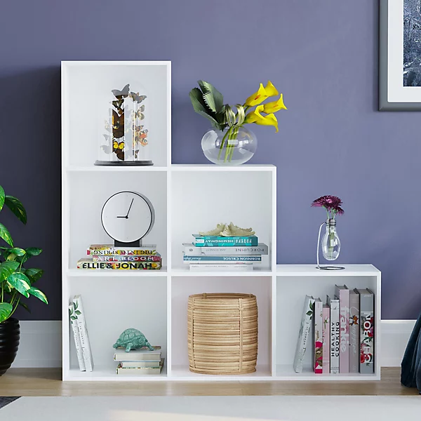 6 cube staircase storage unit in white used as a freestanding bookcase