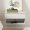 Wall-mounted floating bedside table in white with drawer and open shelf