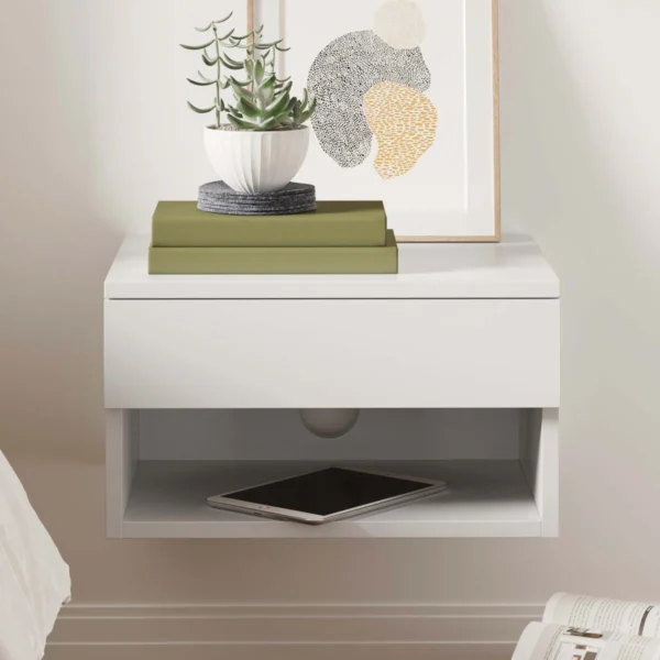 Wall-mounted floating bedside table in white with drawer and open shelf