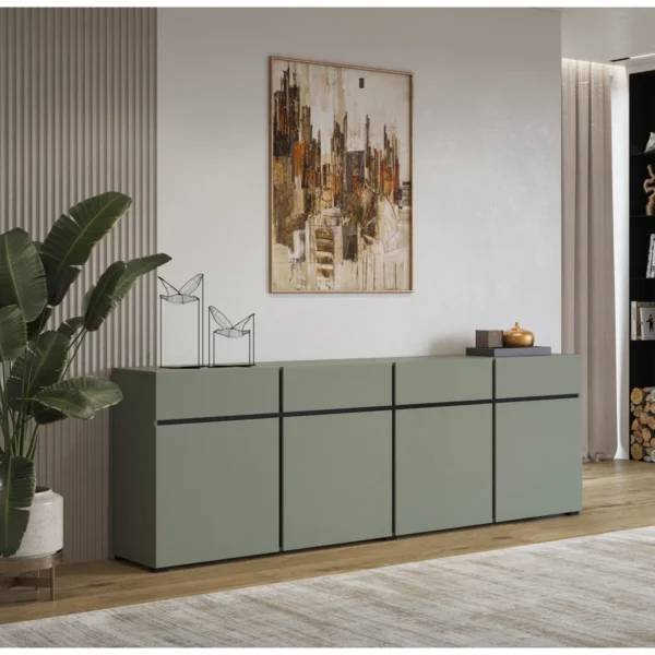 Modern horizontal chest of drawers with 4 doors and 4 drawers in a contemporary room