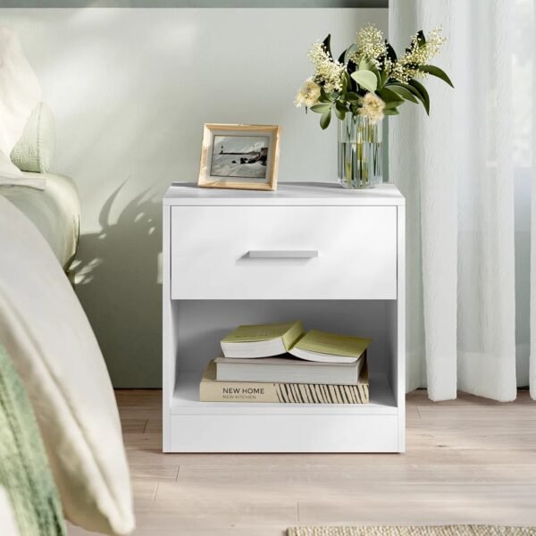Modern white 1-drawer bedside table in Bloemfontein bedroom