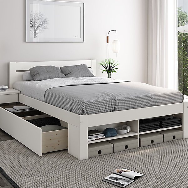 White double storage bed with footend shelves and side drawer