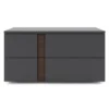 Storm Grey and Walnut 2-drawer nightstand with soft-close drawers and geometric design. Fully assembled, modern, and elegant bedside storage.