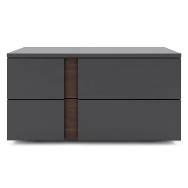 Storm Grey and Walnut 2-drawer nightstand with soft-close drawers and geometric design. Fully assembled, modern, and elegant bedside storage.