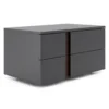 Storm Grey and Walnut 2-drawer nightstand with soft-close drawers and geometric design. Fully assembled, modern, and elegant bedside storage.