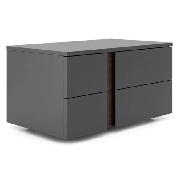Storm Grey and Walnut 2-drawer nightstand with soft-close drawers and geometric design. Fully assembled, modern, and elegant bedside storage.