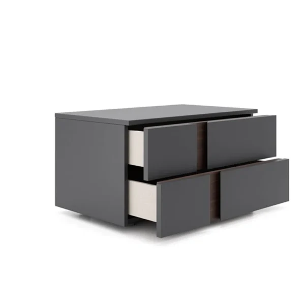 Storm Grey and Walnut 2-drawer nightstand with soft-close drawers and geometric design. Fully assembled, modern, and elegant bedside storage.
