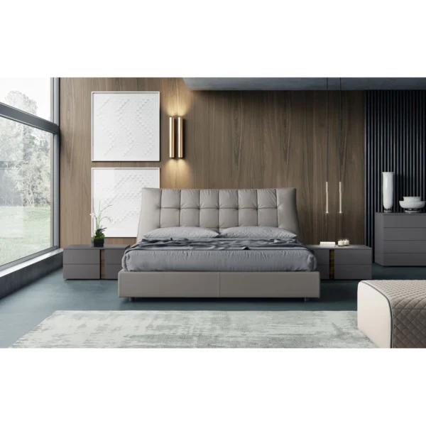Storm Grey and Walnut 2-drawer nightstand with soft-close drawers and geometric design. Fully assembled, modern, and elegant bedside storage.