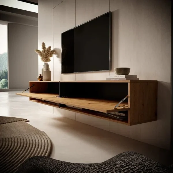 Sleek oak wall-mounted TV unit with minimalist design and storage