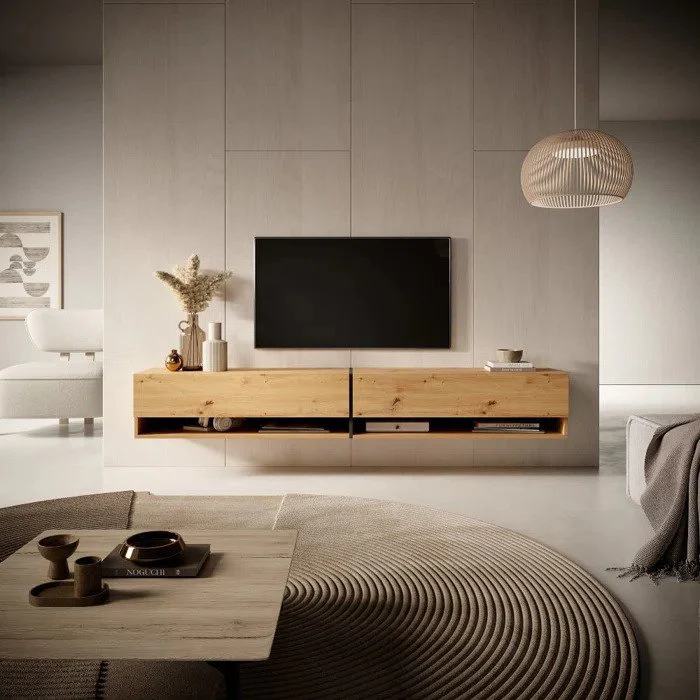 Sleek oak wall-mounted TV unit with minimalist design and storage