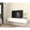 White floating TV stand with three cabinets mounted on wall — fits TVs up to 65 inches