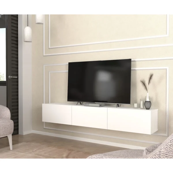 White floating TV stand with three cabinets mounted on wall — fits TVs up to 65 inches
