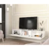 White floating TV stand with three cabinets mounted on wall — fits TVs up to 65 inches