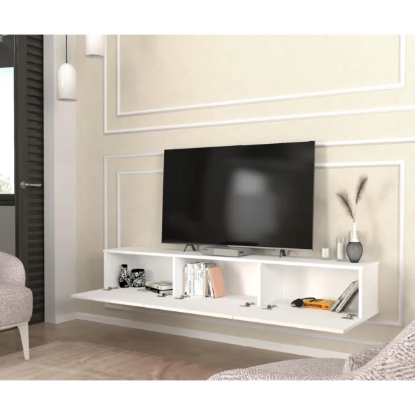 White floating TV stand with three cabinets mounted on wall — fits TVs up to 65 inches