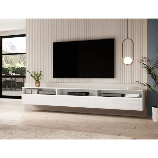 Modular TV stand wall-mounted white 270cm with 6 storage sections
