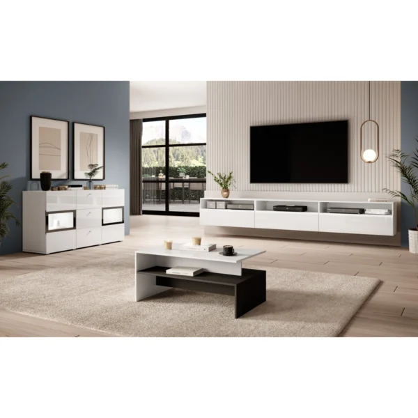6 storage sections (3 cabinets + 3 enclosed compartments) for neat media storage.