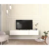 White floating TV stand with three cabinets mounted on wall — fits TVs up to 65 inches