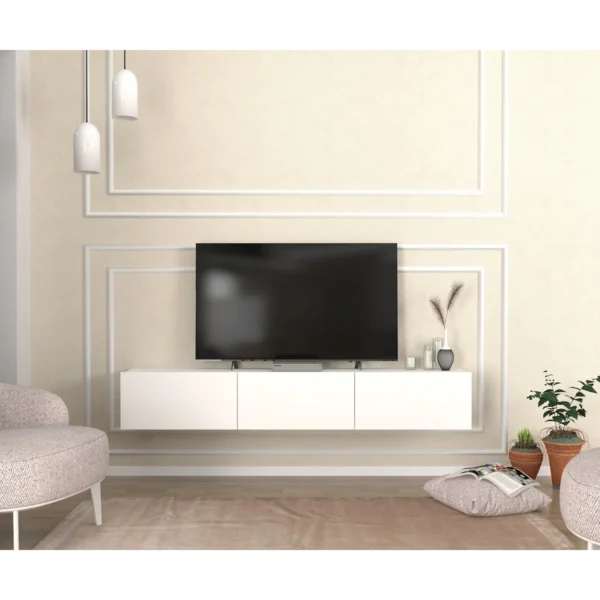White floating TV stand with three cabinets mounted on wall — fits TVs up to 65 inches