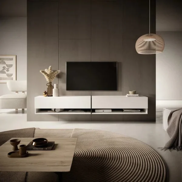 White Floating TV Unit for TVs up to 75" with Storage Cabinets and Sound Bar Shelf