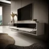 Floating TV stand with sound bar shelf and white melamine finish