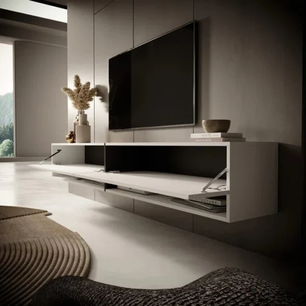 Floating TV stand with sound bar shelf and white melamine finish