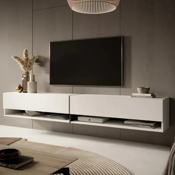 Sleek wall-mounted TV unit with minimalist design and storage