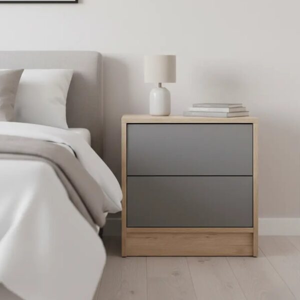 Bedside-Table-Castle-Grey-Karlstad-Oak-1 UrbanCrafts Karlstad Bedside Table in Karlstad Oak and Castle Grey – Sonae Arauco melamine furniture.