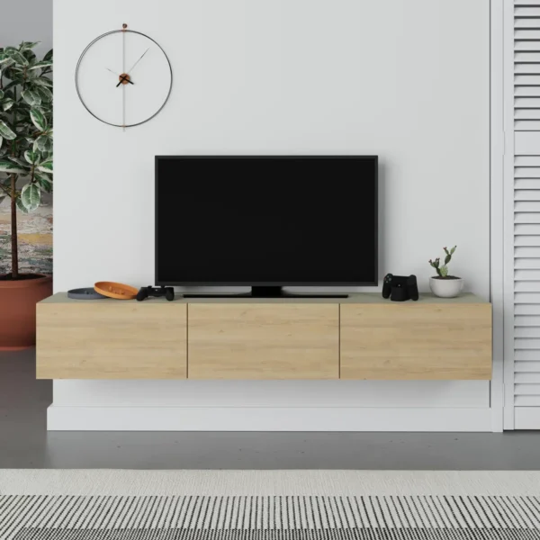Oak & Caraz floating TV stand with three cabinets mounted on wall — fits TVs up to 65 inches