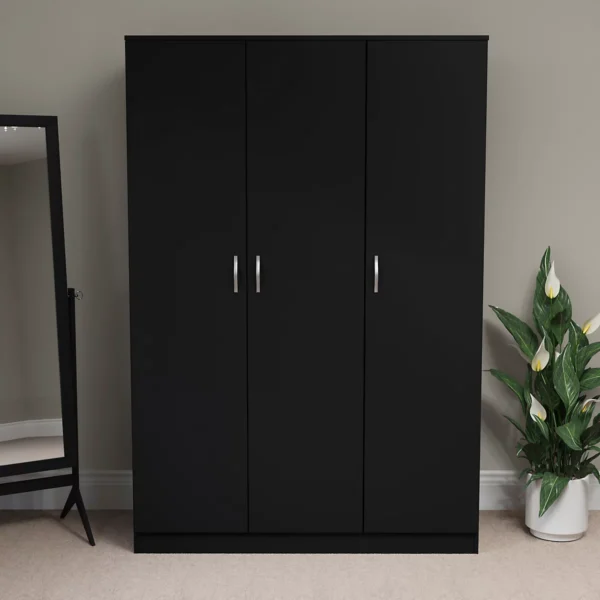 Urban Crafts 3-Door Wardrobe in Black – modern bedroom wardrobe with rail and internal shelf.