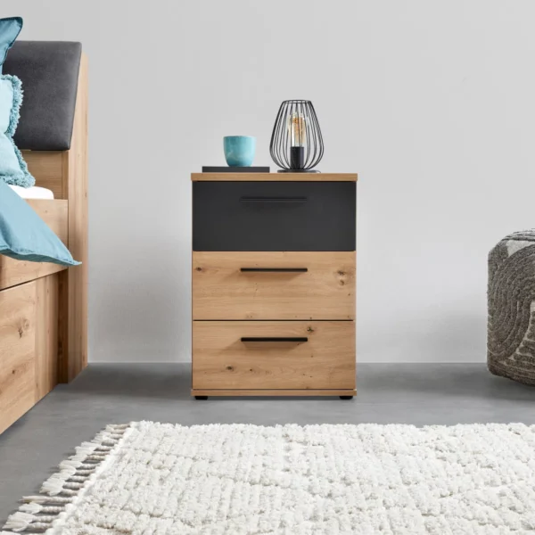 Bedside table in Medieval Oak and Black with three drawers