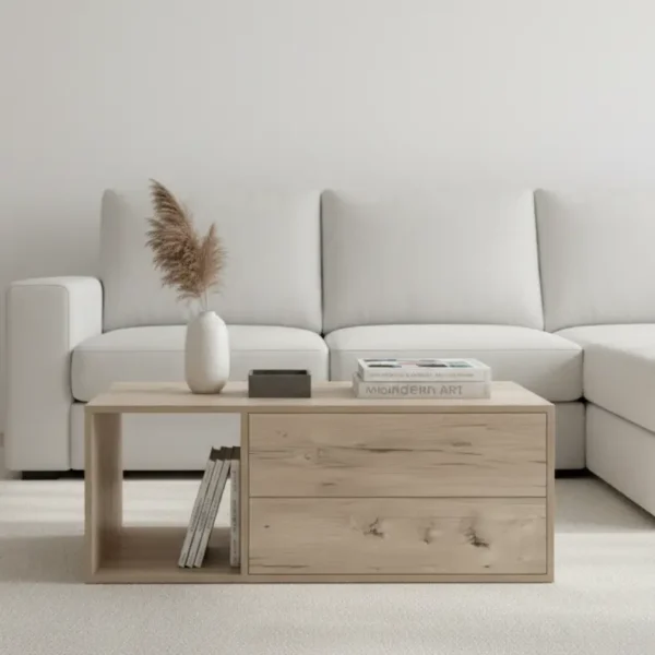 Modern brookhill coffee table with drawers in a living room
