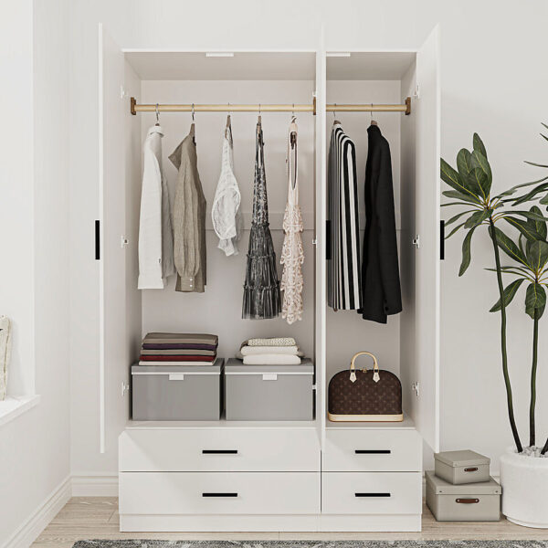 Urban Crafts 3-Door 4-Drawer Wardrobe – White bedroom storage furniture with drawers and shelves.