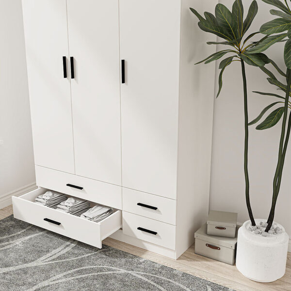 Urban Crafts 3-Door 4-Drawer Wardrobe – White bedroom storage furniture with drawers and shelves.